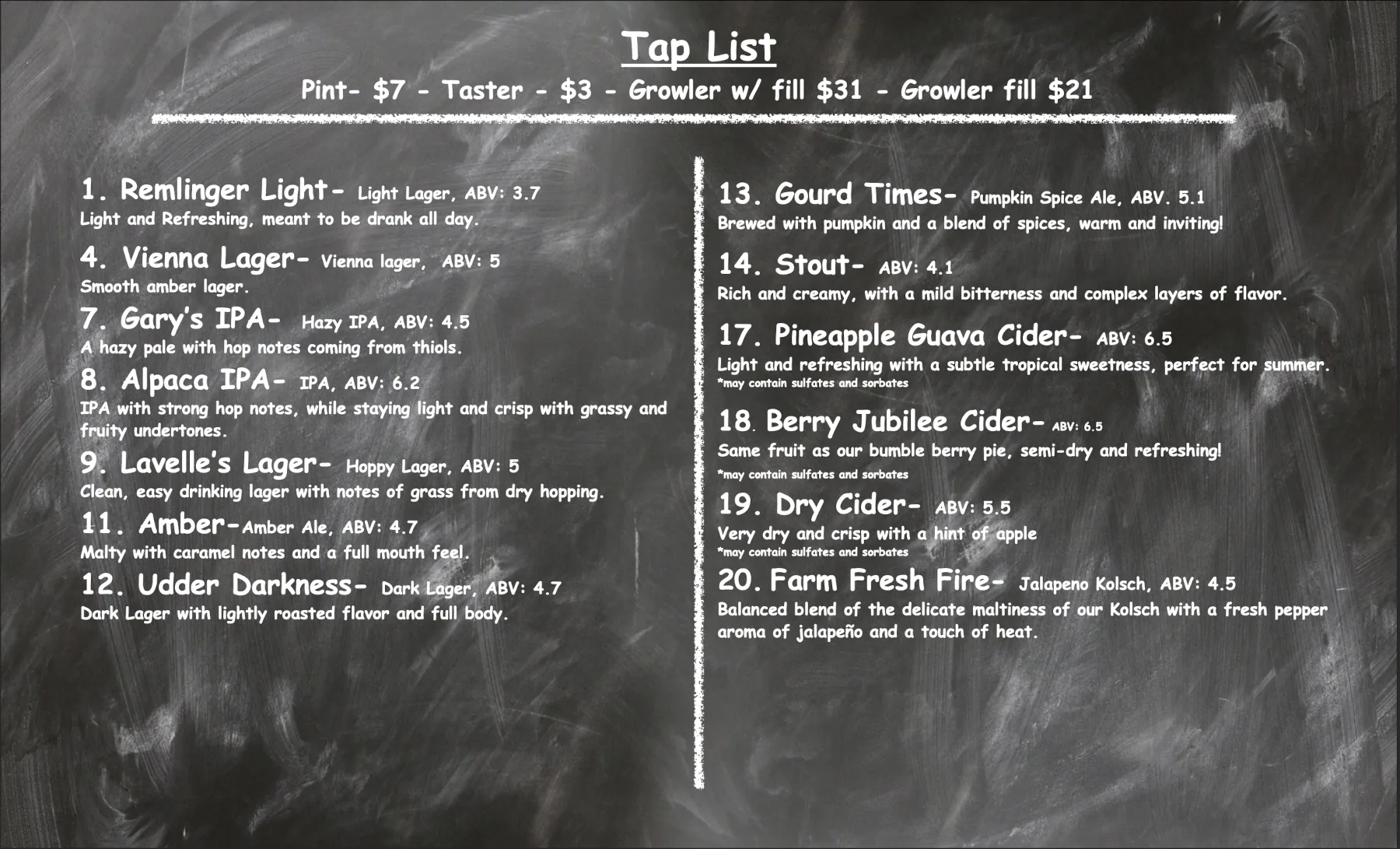Current Remlinger Brewery beer board showing the available beers