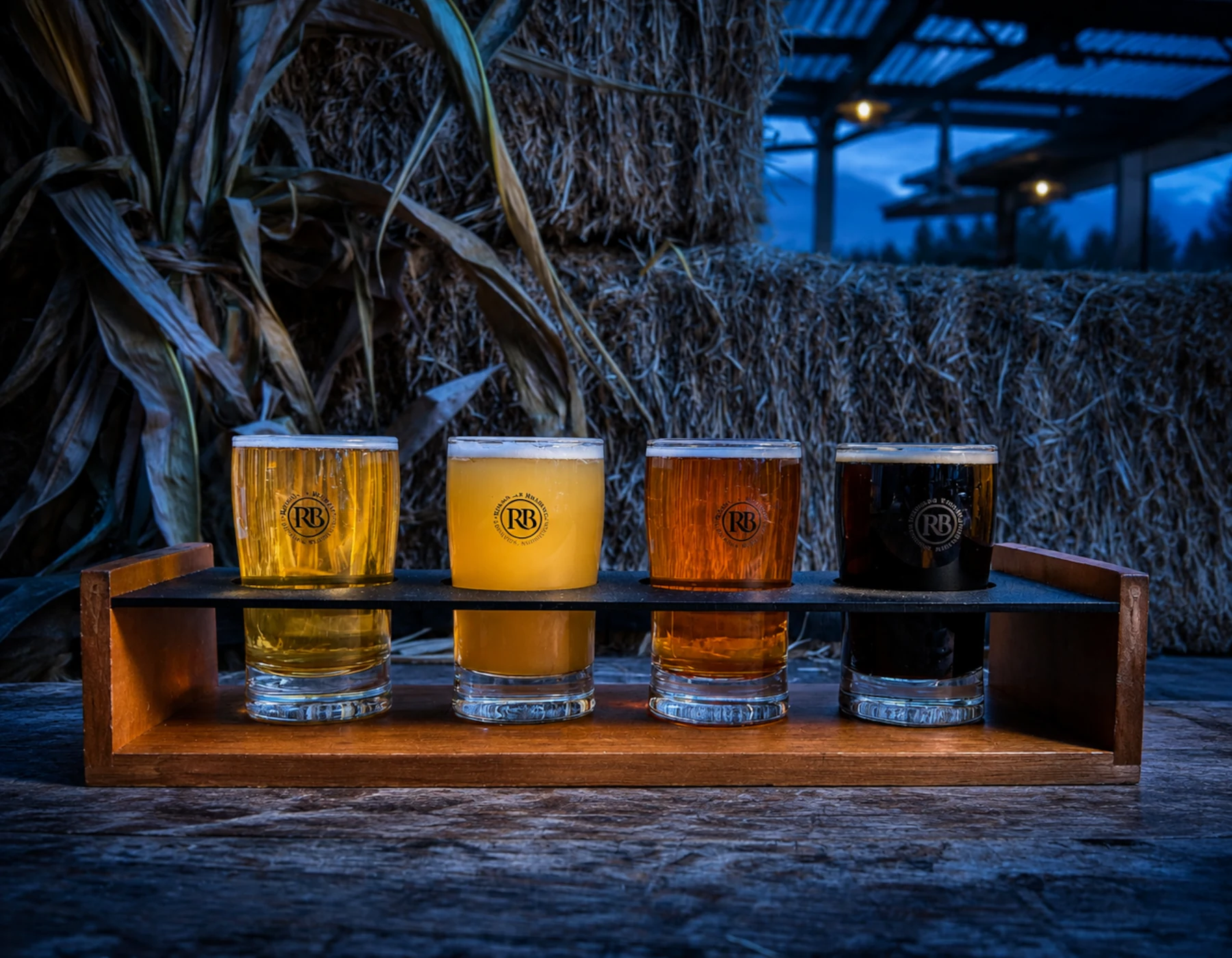 A flight of Remlinger craft beer on a brewery table