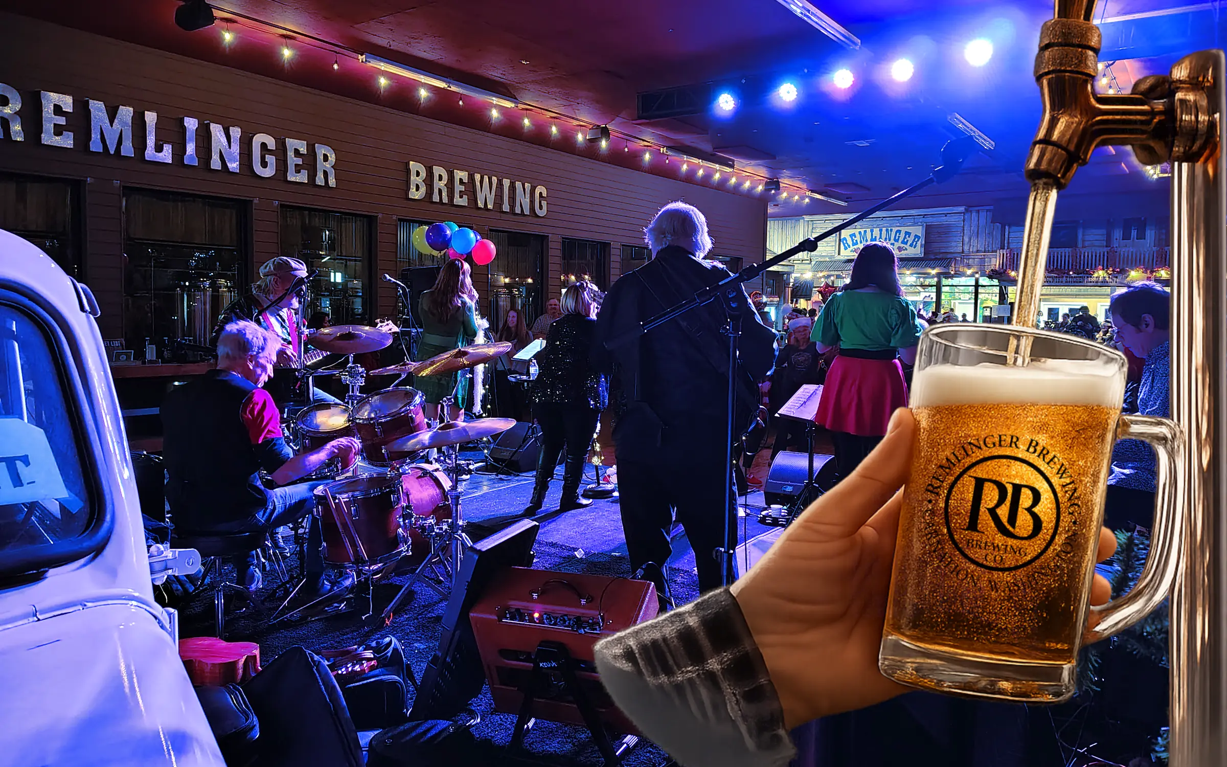 Beer pouring inside Remlinger Farms Brewery as live music plays at blue hour