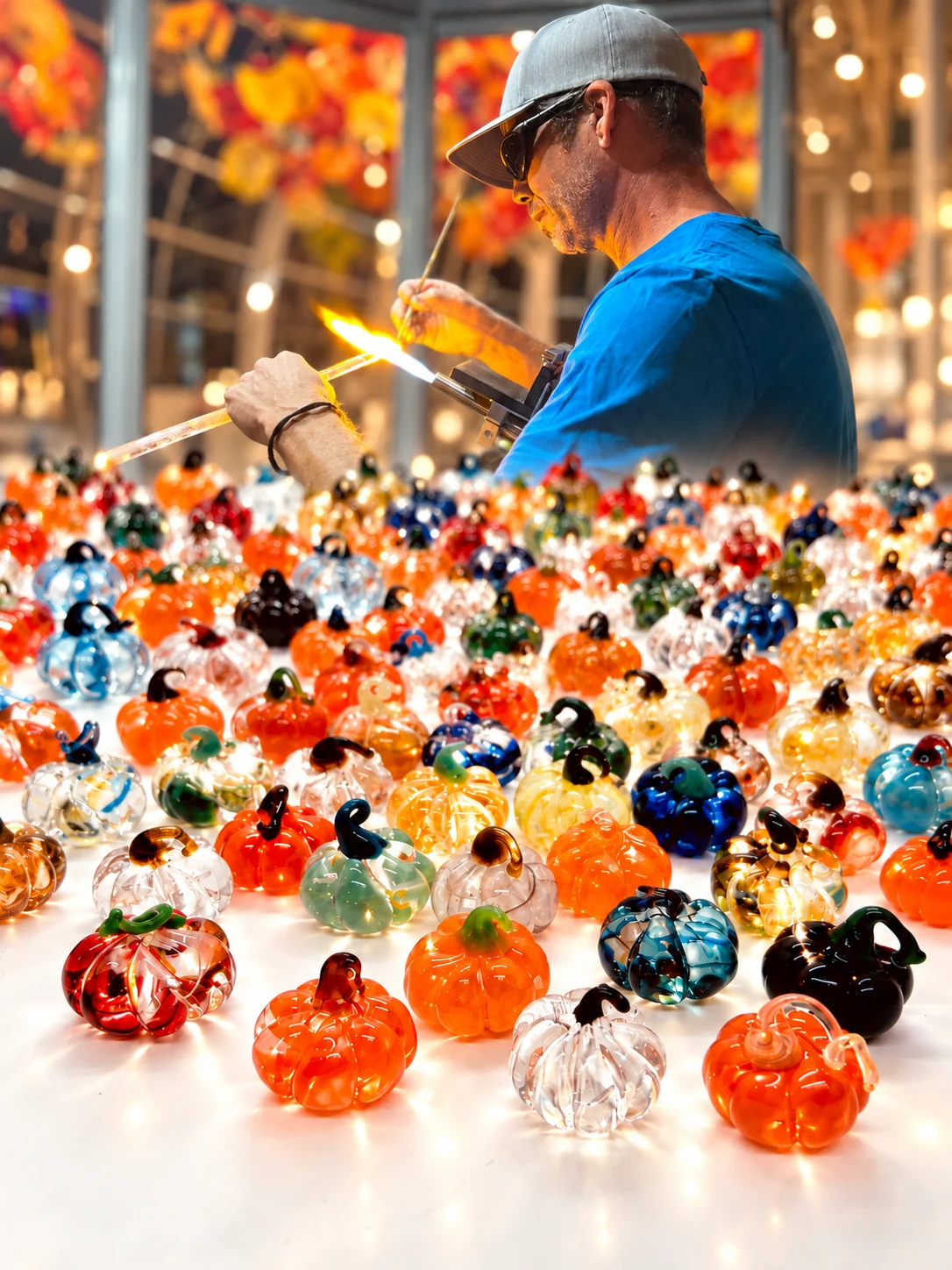 Glass artist working behind a colorful patch of handmade mini glass pumpkins at Remlinger Farms