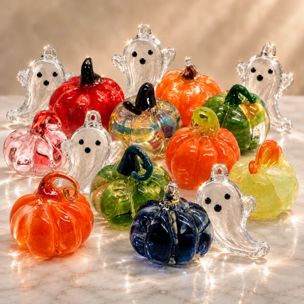 Glass pumpkins and ghosts made at Remlinger Farms